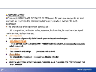 292929
CONSTRUCTONCONSTRUCTON
Pneumatic BRAKES ARE OPERATED BY MEAns of Air pressure engine to air and
stores in air reservoir.the compressed air enters in wheel cylinder to push
diaphragm
The pneumatic braking system consists as :
Air compressor, unloader valve, resevoir, brake valve, brake chamber ,quick
release valve, Relay valve etc.
Air Compresor
• Its composes of generally Build the air pressureby driven of engine.
UNLOADER VALVE:
• ITS IS DEVICE MAINTAIN CONSTANT PRESSURE IN RESERVOIR.the excess of pressure is
safely removed.
Reservoir:
• it’s a tank in which high pressure air is stored
Brake Valve:
• its is located between air reservoir and brake cylinder
RELAY VALVE:
IT IS VALVE KEPT IN BETWEEN BRAKE CHAMBER & AIR CHAMBER FOR CONTROLLING THE
AIR CHAMBER
 