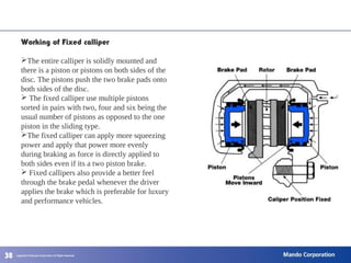 383838
Working of Fixed calliper
The entire calliper is solidly mounted and
there is a piston or pistons on both sides of the
disc. The pistons push the two brake pads onto
both sides of the disc.
 The fixed calliper use multiple pistons
sorted in pairs with two, four and six being the
usual number of pistons as opposed to the one
piston in the sliding type.
The fixed calliper can apply more squeezing
power and apply that power more evenly
during braking as force is directly applied to
both sides even if its a two piston brake.
 Fixed callipers also provide a better feel
through the brake pedal whenever the driver
applies the brake which is preferable for luxury
and performance vehicles.
 