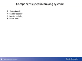 888
Components used in braking system:
 Brake Pedal
 Master booster
 Master cylinder
 Brake lines
 