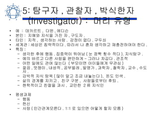 5: 탐구자 , 관찰자 , 박식한자 (Investigator) :  머리 유형 예  :  데카르트 ,  다윈 , 에디슨 본인 :  지혜와 지식을 가진 자 , 구도자 . 타인 :  지적 ,  생각하는 사람 .  감정이 없다 . 구두쇠 세계관 : 세상은 침략적이다 . 따라서 나 혼자 생각하고 재충전하여야 한다 . 특징 : 생각한 후에 행동 . 집중력이 뛰어남 ( 눈 깜빡 횟수 적다 ). 지식탐구 . 예의 바르고 다른 사람을 편안하게 - 그러나 차갑다 . 관조적 어떤 일에도 관여 않는다  ( 부모이면 아이들에게 무관심 ) 깔끔 , 멋쟁이 , 내성적 , 공부벌레 , 발명가 , 과학자 , 철학자 , 교수 , 수도사 . 강박적 지식 탐욕 ( 많이 알고 조금 내놓는다 ),  돈도 인색 .  삶의 경계를 지키고 ,  친구 구분 ,  사람들로부터 후퇴 .  현학적이고 친절을 과시 ,  교만한  2 류 지식인  평생과제 행동 헌신 사랑 ( 인간관계모른다 . 1:1 로 있으면 어떻게 할지 모름 ) 