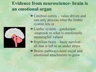 Evidence from neuroscience- brain is
an emotional organ
        l Cerebral cortex - value driven and
          can only process what the limbic
          system lets in
        l Limbic system – gatekeeper
          -responds to what is emotionally
          meaningful/ valued
        l Reptilian brain – basic survival -
          all that is left to us under stress
        l Brains pathways need social and
          emotional attachments to grow
 