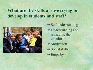 What are the skills are we trying to
develop in students and staff?
                    l Self understanding
                    l Understanding and
                      managing the
                      emotions
                    l Motivation
                    l Social skills
                    l Empathy
 