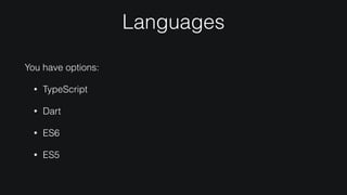 Languages
You have options:
• TypeScript
• Dart
• ES6
• ES5
 