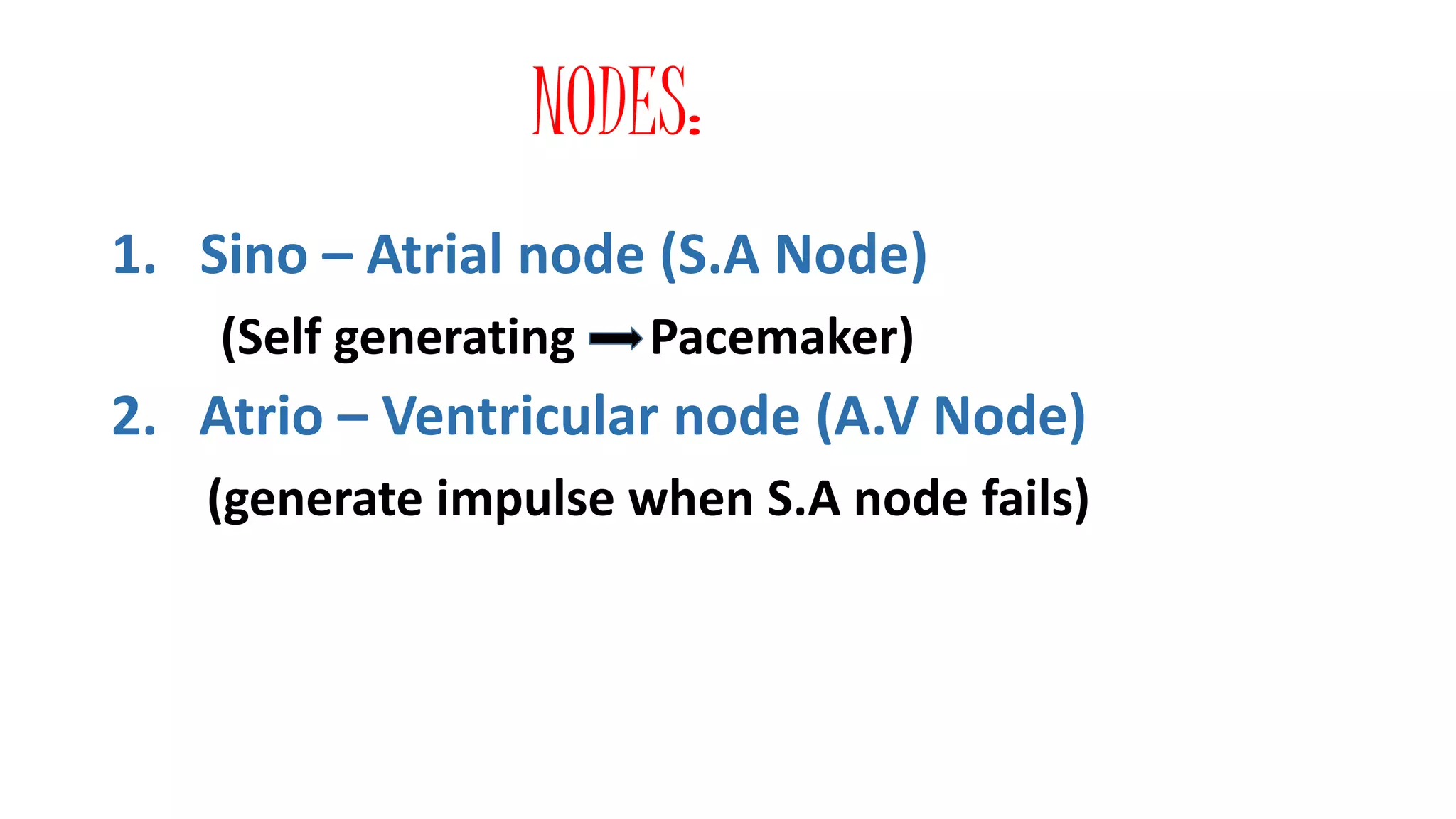 NODES:
1. Sino – Atrial node (S.A Node)
(Self generating Pacemaker)
2. Atrio – Ventricular node (A.V Node)
(generate impulse when S.A node fails)
 