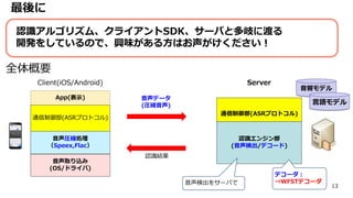 13
最後に
全体概要
通信制御部(ASRプロトコル)
認識エンジン部
(音声検出/デコード)
App(表示)
クライアント
通信制御部(ASRプロトコル)
音声圧縮処理
（Speex,Flac）
音声取り込み
(OS/ドライバ)
音声データ
(圧縮音声)
音声検出をサーバで
デコーダ：
⇒WFSTデコーダ
認識結果
認識アルゴリズム、クライアントSDK、サーバと多岐に渡る
開発をしているので、興味がある方はお声がけください！
Client(iOS/Android) Server
音響モデル
言語モデル
 