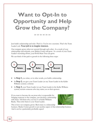 Want to Opt-In to
         Opportunity and Help
         Grow the Company?

     Just build a relationship and refer. That’s it. You’re not a recruiter. That’s the Team
     Leader’s job. Your job is to inspire interest.
     Our company grows when we succeed through each other. As a result of your
     relationships and referrals, your Market Center will grow. As a result of your Team
     Leader’s recruiting efforts, your Profit Share Tree can grow.
     We can think of this path to growth in the following three steps:



         1                        2                         3
             Relate                     Refer                    Recruit




     •   In Step 1, you relate, or in other words, you build a relationship.
     •   In Step 2, you give your Team Leader (or any Team Leader in the Keller
         Williams system) a referral.
     •   In Step 3, your Team Leader (or any Team Leader in the Keller Williams
         system) recruits someone who may name you as their sponsor.


     If you want to become the one person who is responsible for
     bringing someone to the company, just develop a relationship
     with them. Tell them why you love it at Keller Williams
     Realty. Then refer them to your Team Leader.
     This is how our company grows. Real estate is a relationship
     business. Market Center growth is just another aspect of that relationship business.
     And it can be a particularly profitable aspect!




12
 
