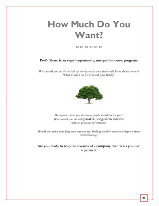 How Much Do You
           Want?

 Profit Share is an equal opportunity, unequal outcome program.

What could you do if you had ten associates in your first level? How about twenty?
                  What would it do for you and your family?




             Remember what you said more profit could do for you?
            What could you do with passive, long-term income
                         with no personal investment?

Would you enjoy checking your account and finding another automatic deposit from
                                Profit Sharing?


Are you ready to reap the rewards of a company that treats you like
                            a partner?




                                                                                     21
 