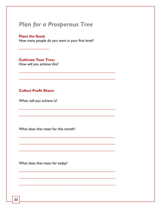 Plan for a Prosperous Tree
     Plant the Seed:
     How many people do you want in your first level?
     ___________________


     Cultivate Your Tree:
     How will you achieve this?
     _____________________________________________________________

     _____________________________________________________________



     Collect Profit Share:

     When will you achieve it?
     _____________________________________________________________

     _____________________________________________________________



     What does that mean for this month?
     _____________________________________________________________

     _____________________________________________________________

     _____________________________________________________________



     What does that mean for today?
     _____________________________________________________________

     _____________________________________________________________

     _____________________________________________________________




22
 