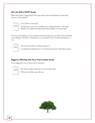 Give the Gift of SHIFT Script
     What better gift of appreciation than the twelve proven strategies for achieving
     success in any market?


                  You will love this book.
        Script    It will open your eyes to another way of doing business. And quite
                  frankly, it’s packed with great ideas that will get you more leads.


     If you’ve built rapport, you’ve probably identified specific ways this book could help
     your colleague’s business. Alternately, you can speak to how it made an impact on
     you.


                  Let me know what you think of page 71.
        Script
                  I completely changed how I was doing open houses after that section.




     Suggest a Meeting with Your Team Leader Script
     Your suggestion can be short and to the point.


        Script    My Team Leader could tell you more about that.
                  I’ll have her follow up with you.




30
 