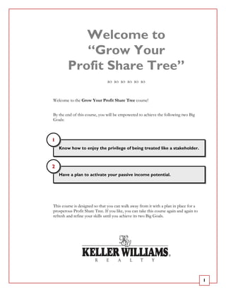 Welcome to
           “Grow Your
        Profit Share Tree”

Welcome to the Grow Your Profit Share Tree course!


By the end of this course, you will be empowered to achieve the following two Big
Goals:



1
    Know how to enjoy the privilege of being treated like a stakeholder.



2
    Have a plan to activate your passive income potential.




This course is designed so that you can walk away from it with a plan in place for a
prosperous Profit Share Tree. If you like, you can take this course again and again to
refresh and refine your skills until you achieve its two Big Goals.




                                                                                         1
 