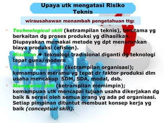 Upaya utk mengatasi Risiko
                        Teknis
        wirausahawan menambah pengetahuan ttg:
   Technological skill (ketrampilan teknis), terutama yg
    berkaitan dg proses produksi yg dihasilkan.
    Diupayakan memakai metode yg dpt menurunkan
    biaya produksi (efisien).
    Misalkan  teknologi tradisional diganti dg teknologi
    tepat guna/modern
   Organizational skill (ketrampilan organisasi);
    kemampuan meramu yg tepat dr faktor produksi dlm
    usaha mencakup SDM, SDA, modal, dsb.
   Managerial skill (ketrampilan memimpin);
    kemampuan utk mencapai tujuan usaha dikerjakan dg
    baik & serasi oleh semua orang yg ada pd organisasi.
    Setiap pimpinan dituntut membuat konsep kerja yg
    baik (conceptual skill).
 