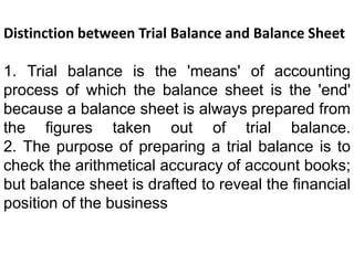 Distinction between Trial Balance and Balance Sheet
1. Trial balance is the 'means' of accounting
process of which the balance sheet is the 'end'
because a balance sheet is always prepared from
the figures taken out of trial balance.
2. The purpose of preparing a trial balance is to
check the arithmetical accuracy of account books;
but balance sheet is drafted to reveal the financial
position of the business
 