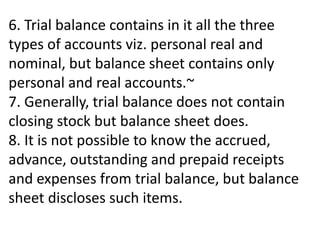 6. Trial balance contains in it all the three
types of accounts viz. personal real and
nominal, but balance sheet contains only
personal and real accounts.~
7. Generally, trial balance does not contain
closing stock but balance sheet does.
8. It is not possible to know the accrued,
advance, outstanding and prepaid receipts
and expenses from trial balance, but balance
sheet discloses such items.
 
