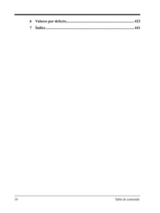 10 Tabla de contenido
6 Valores por defecto........................................................................423
7 Índice..............................................................................................441
 