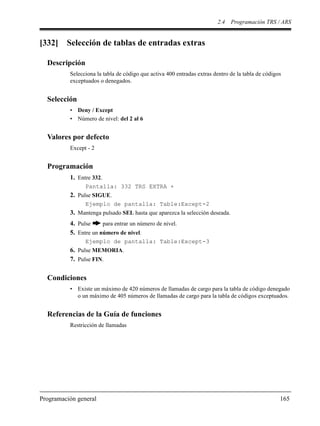 2.4 Programación TRS / ARS
Programación general 165
[332] Selección de tablas de entradas extras
Descripción
Selecciona la tabla de código que activa 400 entradas extras dentro de la tabla de códigos
exceptuados o denegados.
Selección
• Deny / Except
• Número de nivel: del 2 al 6
Valores por defecto
Except - 2
Programación
1. Entre 332.
Pantalla: 332 TRS EXTRA +
2. Pulse SIGUE.
Ejemplo de pantalla: Table:Except-2
3. Mantenga pulsado SEL hasta que aparezca la selección deseada.
4. Pulse para entrar un número de nivel.
5. Entre un número de nivel.
Ejemplo de pantalla: Table:Except-3
6. Pulse MEMORIA.
7. Pulse FIN.
Condiciones
• Existe un máximo de 420 números de llamadas de cargo para la tabla de código denegado
o un máximo de 405 números de llamadas de cargo para la tabla de códigos exceptuados.
Referencias de la Guía de funciones
Restricción de llamadas
 