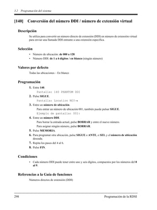 3.2 Programación del sistema
298 Programación de la RDSI
[140] Conversión del número DDI / número de extensión virtual
Descripción
Se utiliza para convertir un número directo de extensión (DDI) en número de extensión virtual
para enviar una llamada DDI entrante a una extensión específica.
Selección
• Número de ubicación: de 000 a 128
• Número DDI: de 1 a 6 dígitos / en blanco (ningún número)
Valores por defecto
Todas las ubicaciones – En blanco
Programación
1. Entre 140.
Pantalla: 140 PHANTOM DDI
2. Pulse SIGUE.
Pantalla: Location NO?
3. Entre un número de ubicación.
Para entrar un número de ubicación 001, también puede pulsar SIGUE.
Ejemplo de pantalla: 001:
4. Entre un número DDI.
Para borrar la entrada actual, pulse BORRAR y entre el nuevo número.
Para asignar ningún número, pulse BORRAR.
5. Pulse MEMORIA.
6. Para programar otra ubicación, pulse SIGUE o ANTE, o SEL y el número de ubicación
deseada.
7. Repita los pasos del 4 al 6.
8. Pulse FIN.
Condiciones
• Cada número DDI puede tener entre uno y seis dígitos, compuestos por los números del 0
al 9.
Referencias a la Guía de funciones
Números directos de extensión (DDI)
 