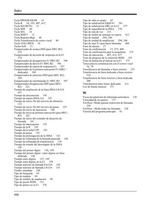 Índice
446
Tecla PROGRAMAR 14
Tecla R 14, 193, 407, 412
Tecla SECRETO 15
Tecla SDE 40
Tecla SEL 14
Tecla SHIFT 13
Tecla Registro/Baja 40
Tecla Transferencia de correo vocal 40
Tecla VOLUMEN 18
Teclas Soft 13
Temporizador de avance DID (para MFC-R2)
219
Temporizador de decisión de respuesta en la E1
374
Temporizador de desaparición E1 MFC-R2 398
Temporizador de desvío E1 MFC-R2 396
Temporizador de espera de respuesta E1 357
Temporizador de la primera marcación E1 (DR2 /
dedicada) 369
Temporizador de retroceso DID (para MFC-R2)
220
Temporizador de retrollamada E1 MFC-R2 397
Temporizador desaparecido DID (para MFC-
R2) 221
Tiempo de ampliación de la línea DISA LN-LN
411
Tiempo de desconexión 195
Tiempo de espera DISA AA 147
Tiempo de inicio /fin del servicio de almuerzo
123
Tiempo de inicio /fin del servicio de pausa 125
Tiempo de inicio de marcación 140
Tiempo de inicio de primera marcación (para MFC-
R2) 222
Tiempo de inicio del contador de duración de
llamada 141
Tiempo de intercepción 132
Tiempo de la R 193
Tiempo de la señal CPC 181
Tiempo de pausa 191
Tiempo de prolongación de la DISA 143
Tiempo de rellamada de la llamada aparcada 148
Tiempo de rellamada de transferencia 130
Tiempo de retardo del descolgado de la DISA
142
Tiempo del primer dígito 136, 149
Tiempo del primer dígito / entre dígitos en línea
dedicada 149
Tiempo entre dígitos 137, 149
Tiempo entre dígitos en la E1 378
Tiempo máximo de llamada Ext-LN 134
Tiempo máximo de llamada LN-LN 135
Timbre retardado 250
Tipo de búsqueda 65
Tipo de módulo 69
Tipo de módulo de ampliación 69
Tipo de puerto RDSI 311
Tipo de pulsos en la E1 376
Tipo de salto en grupo 65
Tipo de señalización E&M E1 381
Tipo de señalización DR2 en la E1 377
Tipo de seguridad de la DISA 278
Tipo de ruta de voz 215
Tipo de timbre de mensaje en espera 412
Tipo de unidad 294, 346
Tipo de unidad de ampliación 294, 346
Tipo de tono E1 para hacer llamadas 404
Tono de alarma 17
Tono de confirmación 17, 275, 408
Tono de confirmación para la megafonía 275
Tono de marcación 407, 412, 417
Tono de progreso de la extensión RDSI 323
Tono de pulsación al marcar en la E1 371
Tonos para la comunicación con el correo vocal
76, 78
Transferencia de llamadas a línea exterior 233
Transferencia de línea dedicada a línea exterior
210
Transferencia de línea exterior a línea dedicada
209
Transferencia entre líneas dedicadas 211
Uso de fuente musical 271
W
Veces de repetición de rellamada automática 138
Velocidad de los pulsos 177
Verificar - Modo ignorar restricción de llamadas
238
Verificar - Modo todas las llamadas 238
Versión del programa principal 81
 