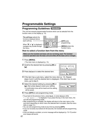 Programmable Settings
 Programming Guidelines Handset
 This unit has several programmable functions which can be selected from the
 function menu on the display (p. 13).

     The soft keys selects the
                                          Back   Select
     functions displayed above
     each soft key.                                           [OFF] exits
                                                              programming.
     When “d” or “B” is displayed,
     navigator key scrolls through                            [MENU] enters the
     the menu.                                                function menu.
 How to select a function item from the menu
     Make sure the handset and base unit are not being used. The handset
     must be operated near the base unit and while off the base unit or charger.

 1 Press [MENU].
       • The main menu is displayed (p. 13).
 2 Scroll to the desired item by pressing [d] or
       [B].                                                  Initial setting
                                                             K Back dB SelectL

 3 Press Select to select the desired item.
                                                              Back        Select

 4 If the item has a sub-menu, select the menu item (p. 13). Repeat
       steps 2 and 3 until the desired item is displayed. If the item has no sub-
       menu, go to step 5.
 5 Select the desired setting by pressing [d] or
       [B], then press Save to save your setting.             Back          Save
       • A confirmation tone will be heard and the setting
         will be saved.
 6 Press [OFF] to exit programming mode.
 • To go back to the previous menu, press Back, or press Select while
   “---(Go back)----” is displayed. If you press this key in the main menu, the
   unit will exit programming mode.
 • After programming is complete, the display will return to the main menu or the
   sub-menu depending on which menu the selected item is located. (See the menu
   table on page 13.)
 • You can exit programming mode at any time by pressing [OFF].
 • If you do not press any buttons for 60 seconds, the handset will exit programming
   mode.
 • If the unit detects a problem, an error message will be displayed (p. 72–73) and/or
   error beeps will sound.
12
 