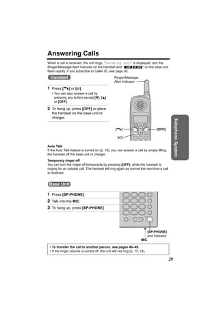 Answering Calls
When a call is received, the unit rings, “Incoming call” is displayed, and the
Ringer/Message Alert indicator on the handset and “ LINE IN USE ” on the base unit
flash rapidly. If you subscribe to Caller ID, see page 30.
  Handset                                         Ringer/Message
                                                  Alert Indicator

1 Press [C] or [s].
   • You can also answer a call by
     pressing any button except [d], [B]
     or [OFF].

2 To hang up, press [OFF] or place
   the handset on the base unit or
   charger.




                                                                                                  Telephone System
                                                   [C]                             [OFF]

                                                    [s]

Auto Talk
If the Auto Talk feature is turned on (p. 16), you can answer a call by simply lifting
the handset off the base unit or charger.
Temporary ringer off
You can turn the ringer off temporarily by pressing [OFF], while the handset is
ringing for an outside call. The handset will ring again as normal the next time a call
is received.


 Base Unit

1 Press [SP-PHONE].
2 Talk into the MIC.
3 To hang up, press [SP-PHONE].




                                                                             [SP-PHONE]
                                                                             and Indicator
                                                                      MIC

 • To transfer the call to another person, see pages 48–49.
 • If the ringer volume is turned off, the unit will not ring (p. 17, 18).

                                                                                             29
 