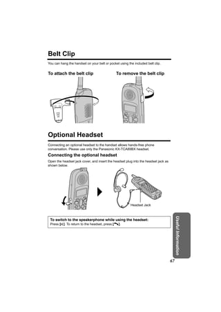 Belt Clip
You can hang the handset on your belt or pocket using the included belt clip.


To attach the belt clip                       To remove the belt clip




Optional Headset
Connecting an optional headset to the handset allows hands-free phone
conversation. Please use only the Panasonic KX-TCA89BX headset.
Connecting the optional headset
Open the headset jack cover, and insert the headset plug into the headset jack as
shown below.




                                                        Headset Jack
                                                                                         Useful Information




 To switch to the speakerphone while using the headset:
 Press [s]. To return to the headset, press [C].




                                                                                    67
 