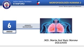 UNIDAD
6 APARATO
RESPIRATORIO
MD. María José Ruiz Moreno
DOCENTE
Carrera: Técnico superior en Enfermería
MORFOFISIOLOGÍA HUMANA 2
 
