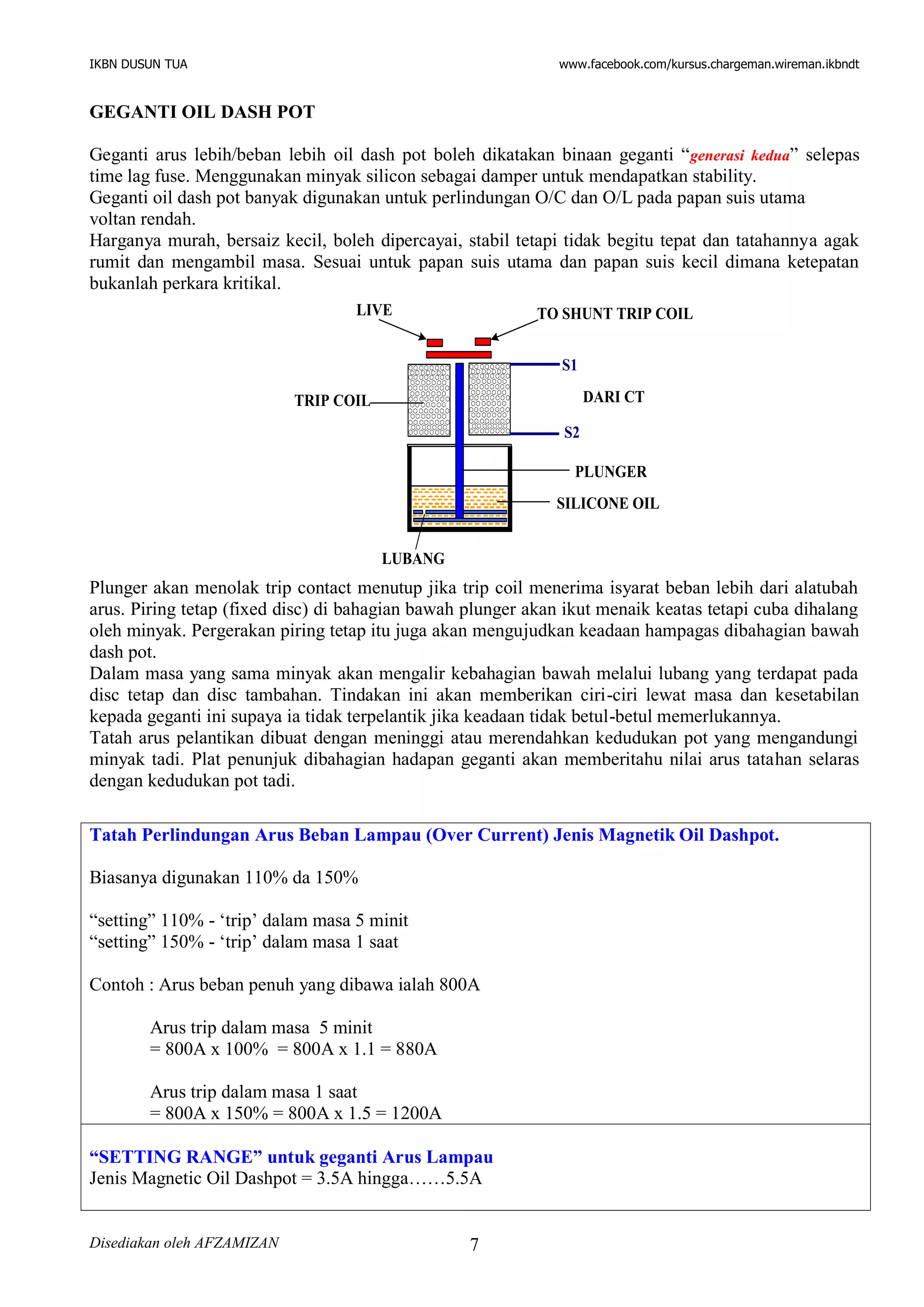 IKBN DUSUN TUA www.facebook.com/kursus.chargeman.wireman.ikbndt
Disediakan oleh AFZAMIZAN 7
GEGANTI OIL DASH POT
Geganti arus lebih/beban lebih oil dash pot boleh dikatakan binaan geganti “generasi kedua” selepas
time lag fuse. Menggunakan minyak silicon sebagai damper untuk mendapatkan stability.
Geganti oil dash pot banyak digunakan untuk perlindungan O/C dan O/L pada papan suis utama
voltan rendah.
Harganya murah, bersaiz kecil, boleh dipercayai, stabil tetapi tidak begitu tepat dan tatahannya agak
rumit dan mengambil masa. Sesuai untuk papan suis utama dan papan suis kecil dimana ketepatan
bukanlah perkara kritikal.
TO SHUNT TRIP COILLIVE
DARI CT
S1
S2
TRIP COIL
LUBANG
PLUNGER
SILICONE OIL
Plunger akan menolak trip contact menutup jika trip coil menerima isyarat beban lebih dari alatubah
arus. Piring tetap (fixed disc) di bahagian bawah plunger akan ikut menaik keatas tetapi cuba dihalang
oleh minyak. Pergerakan piring tetap itu juga akan mengujudkan keadaan hampagas dibahagian bawah
dash pot.
Dalam masa yang sama minyak akan mengalir kebahagian bawah melalui lubang yang terdapat pada
disc tetap dan disc tambahan. Tindakan ini akan memberikan ciri-ciri lewat masa dan kesetabilan
kepada geganti ini supaya ia tidak terpelantik jika keadaan tidak betul-betul memerlukannya.
Tatah arus pelantikan dibuat dengan meninggi atau merendahkan kedudukan pot yang mengandungi
minyak tadi. Plat penunjuk dibahagian hadapan geganti akan memberitahu nilai arus tatahan selaras
dengan kedudukan pot tadi.
Tatah Perlindungan Arus Beban Lampau (Over Current) Jenis Magnetik Oil Dashpot.
Biasanya digunakan 110% da 150%
“setting” 110% - ‘trip’ dalam masa 5 minit
“setting” 150% - ‘trip’ dalam masa 1 saat
Contoh : Arus beban penuh yang dibawa ialah 800A
Arus trip dalam masa 5 minit
= 800A x 100% = 800A x 1.1 = 880A
Arus trip dalam masa 1 saat
= 800A x 150% = 800A x 1.5 = 1200A
“SETTING RANGE” untuk geganti Arus Lampau
Jenis Magnetic Oil Dashpot = 3.5A hingga……5.5A
 