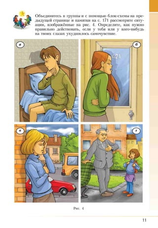 Объединитесь в группы и с помощью блок-схемы на пре­
дыдущей странице и памятки на с. 171 рассмотрите ситу­
ации, изображённые на рис. 4. Определите, как нужно
правильно действовать, если у тебя или у кого-нибудь
на твоих глазах ухудшилось самочувствие.
Рис. 4
11
 
