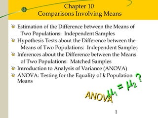 1
Chapter 10
Comparisons Involving Means
µµ11
== µµ22
??
ANOVAANOVA
Estimation of the Difference between the Means of
Two Populations: Independent Samples
Hypothesis Tests about the Difference between the
Means of Two Populations: Independent Samples
Inferences about the Difference between the Means
of Two Populations: Matched Samples
Introduction to Analysis of Variance (ANOVA)
ANOVA: Testing for the Equality of k Population
Means
 