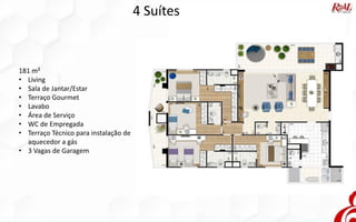 4 Suítes
181 m²
• Living
• Sala de Jantar/Estar
• Terraço Gourmet
• Lavabo
• Área de Serviço
• WC de Empregada
• Terraço Técnico para instalação de
aquecedor a gás
• 3 Vagas de Garagem
 