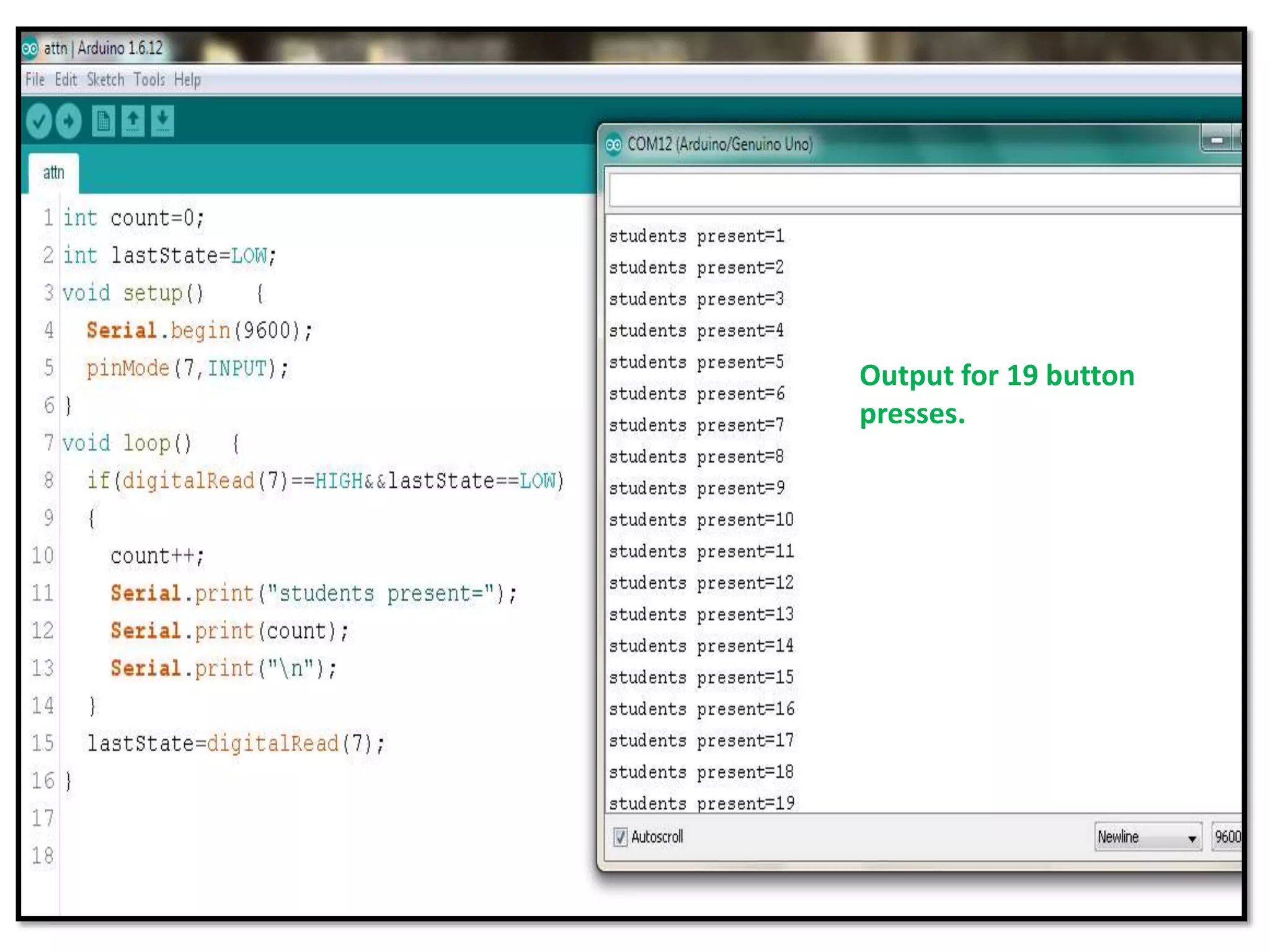 Output for 19 button presses. 