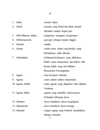 1
A
1. Abad : seratus tahun
2. Abadi : sesuatu yang kekal dan tidak pernah
Berubah sampai kapan pun
3. Abbi Dharma pitaka : penjelasan mengenai keagamaan
4. Abbrisousroche : goa-goa sebagai tempat tinggal
5. Absolut : mutlak
6. Adopa : cerita-cerita dalam masyarakat yang
Sebelumnya telah dikenal
7. Adatistiadat : kebiasaan-kebiasaan yang dilakukan
Dalam suatu masyarakat dan diakui oleh
Semua pihak yang ada didalam
Masyarakat bersangkutan
8. Agade : kota kerajaan Akkade
9. Agama : suatu anutan dalam masyarakat
10. Agama budha : suatu agama yang diajarkan oleh sidharta
Gautama
11. Agama hindu : agama yang memiliki kepercayaan
Terhadap beberapa dewa
12. Ahriman : dewa kejahatan (dewa kegelapan)
13. Ahuramazta : dewa kebaikan (dewa terang)
14. Akkadia : sargon agung yang berhasil menaklukan
Bangsa Sumeria
 
