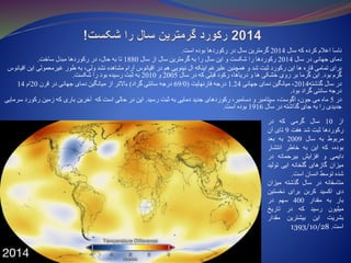 ‫سال‬ ‫که‬ ‫کرده‬ ‫اعالم‬ ‫ناسا‬2014‫است‬ ‫بوده‬ ‫رکوردها‬ ‫در‬ ‫سال‬ ‫گرمترین‬.
‫سال‬ ‫در‬ ‫جهانی‬ ‫دمای‬2014‫سال‬ ‫از‬ ‫سال‬ ‫گرمترین‬ ‫به‬ ‫را‬ ‫سال‬ ‫این‬ ‫و‬ ‫شکست‬ ‫را‬ ‫رکوردها‬1880‫ساخت‬ ‫مبدل‬ ‫رکوردها‬ ‫در‬ ،‫حال‬ ‫به‬ ‫تا‬.
‫رک‬ ‫این‬ ‫ها‬ ‫قاره‬ ‫تمامی‬ ‫برای‬‫و‬‫غیرم‬ ‫طور‬ ‫به‬ ،‫ولی‬ ‫نشد‬ ‫مشاهده‬ ‫آرام‬ ‫اقیانوس‬ ‫در‬ ‫هم‬ ‫نینویی‬ ‫ال‬ ‫اینکه‬ ‫علیرغم‬ ‫همچنین‬ ‫و‬ ‫شد‬ ‫ثبت‬ ‫رد‬‫ع‬‫اقیانوس‬ ‫این‬ ‫مولی‬
‫بود‬ ‫گرم‬.‫سال‬ ‫در‬ ‫که‬ ‫قبلی‬ ‫رکود‬ ،‫دریاها‬ ‫و‬ ‫ها‬ ‫خشکی‬ ‫روی‬ ‫بر‬ ‫گرما‬ ‫این‬2005‫و‬2010‫شکست‬ ‫را‬ ‫بود‬ ‫رسیده‬ ‫ثبت‬ ‫به‬.
‫گذشته‬ ‫سال‬ ‫در‬2014‫جهانی‬ ‫دمای‬ ‫میانگین‬ ،1.24‫فارنهایت‬ ‫درجه‬(69/0‫گراد‬ ‫سانتی‬ ‫درجه‬)‫قرن‬ ‫در‬ ‫جهانی‬ ‫دمای‬ ‫میانگین‬ ‫از‬ ‫باالتر‬20‫ام‬14
‫بود‬ ‫گراد‬ ‫سانتی‬ ‫درجه‬.
‫در‬5‫رسید‬ ‫ثبت‬ ‫به‬ ‫دمایی‬ ‫جدید‬ ‫رکوردهای‬ ،‫دسامبر‬ ‫و‬ ‫سپتامبر‬ ،‫آگوست‬ ،‫جون‬ ‫می‬ ‫ماه‬.‫که‬ ‫است‬ ‫حالی‬ ‫در‬ ‫این‬‫سرمایی‬ ‫رکورد‬ ‫زمین‬ ‫که‬ ‫باری‬ ‫آخرین‬
‫سال‬ ‫در‬ ‫گذاشته‬ ‫جای‬ ‫به‬ ‫را‬ ‫جدیدی‬1916‫است‬ ‫بوده‬.
‫از‬10‫سال‬‫گرمی‬‫که‬‫در‬
‫رکوردها‬‫ثبت‬‫شد‬‫هف‬‫ت‬9‫تای‬‫آن‬
‫مربوط‬‫به‬‫سال‬2009‫به‬‫بعد‬
،‫بوده‬‫که‬‫این‬‫به‬‫خاطر‬‫انتشار‬
‫دایمی‬‫و‬‫افزایش‬‫بیرحمانه‬‫در‬
‫میزان‬‫گازهای‬‫گلخانه‬‫ایی‬‫تول‬‫ید‬
‫شده‬‫توسط‬‫انسان‬‫است‬.
‫متاسفانه‬‫در‬‫سال‬‫گذشته‬‫میز‬‫ان‬
‫دی‬‫اکسید‬‫کربن‬‫برای‬‫نخست‬‫ین‬
‫بار‬‫به‬‫مقدار‬400‫سهم‬‫در‬
‫میلیون‬‫رسید‬‫که‬‫در‬‫تاریخ‬
‫بشریت‬‫این‬‫بیشترین‬‫مقدار‬
‫است‬.1393/10/28
 
