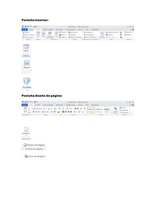 Pestaña insertar:
Pestaña diseño de página: