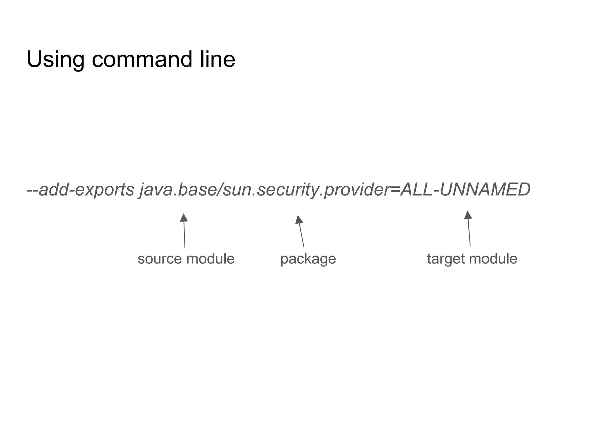 Using command line
--add-exports java.base/sun.security.provider=ALL-UNNAMED
source module package target module
 