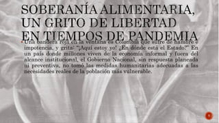 7
 Una bandera roja en la ventana es Colombia que sufre de hambre e
impotencia, y grita: “¡Aquí estoy yo! ¿En dónde está el Estado?” En
un país donde millones viven de la economía informal y fuera del
alcance institucional, el Gobierno Nacional, sin respuesta planeada
ni preventiva, no tomó las medidas humanitarias adecuadas a las
necesidades reales de la población más vulnerable.
 