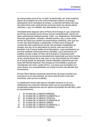 El Kybalion
www.deeptrancenow.com
52
de energía tales como la luz, el calor, la electricidad, etc. Esta sustancia
etérica es el eslabón de unión entre la llamada materia y la energía,
participando de la naturaleza de ambas. La doctrina hermética dice que
ese plano tiene siete subdivisiones (como las tienen los demás planos
menores), y que, en realidad, hay siete éteres en vez de uno.
Inmediatamente después viene el Plano de la Energía A, que comprende
las formas de energía que la ciencia conoce corrientemente, siendo sus
siete subdivisiones respectivamente: Calor, Luz, Magnetismo, Electricidad,
Atracción (gravitación, cohesión, afinidad química, etc.) y otras varias
formas de fuerza que revelan los experimentos científicos, pero que aún
no han sido denominadas o clasificadas. El Plano de la Energía B
comprende siete subdivisiones de las más elevadas modalidades de
energía, que aún no ha descubierto la ciencia, pero que han sido
llamadas «Las Fuerzas Sutiles de la Naturaleza», cuya manifestación se
provoca mediante ciertos fenómenos mentales, cuyos fenómenos son
posibles merced a ellas. El Plano de la Energía C comprende siete
subdivisiones de energía tan elevadamente organizada que tiene muchas
de las características de la vida, pero no son reconocidas por el hombre
en el actual estado de desarrollo, siendo utilizables solamente para los
seres del Planeta Espiritual. Esa energía es inconcebible y puede ser
considerada casi como «poder divino». Los seres que la emplean son
como dioses, aun comparándolos con el tipo humano más elevado que
conozcamos.
El Gran Plano Mental comprende esas formas de cosas vivientes que
conocemos en la vida ordinaria, así como otras formas no tan bien
conocidas, salvo por los ocultistas.
La clasificación de los siete planos mentales menores no es muy
satisfactoria sino más bien arbitraria (salvo que se acompañara por
complicadas explicaciones que son ajenas al propósito de este libro), pero
la mencionaremos.
I. EL PLANO DE LA MENTE MINERAL
II. EL PLANO DE LA MENTE ELEMENTAL A
III. EL PLANO DE LA MENTE VEGETAL
IV. EL PLANO DE LA MENTE ELEMENTAL B
V. EL PLANO DE LA MENTE ANIMAL
VI. EL PLANO DE LA MENTE ELEMENTAL C
VII. EL PLANO DE LA MENTE HUMANA.
www.deeptrancenow.com
 