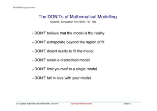 Dr. Oubbati, Kybernetik (Neuroinformatik, Uni-Ulm) Das Kybernetische Modell SoSe12
The DON‘Ts of Mathematical Modelling
- DON‘T believe that the model is the reality
- DON‘T extrapolate beyond the region of fit
- DON‘T distort reality to fit the model
- DON‘T retain a discredited model
- DON‘T limit yourself to a single model
- DON‘T fall in love with your model
Golomb, Simulation 14 (1970), 197-198.
Modellbildungsprozess
 