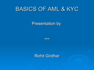 BASICS OF AML & KYC Presentation by  *** Rohit Girdhar Rishu Yadav Aman kashyab Sumit Malik Abishake bansal *** 