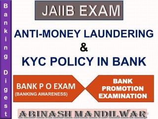 ANTI-MONEY LAUNDERING
&
KYC POLICY IN BANK
1
BANK P O EXAM
(BANKING AWARENESS)
BANK
PROMOTION
EXAMINATION
 