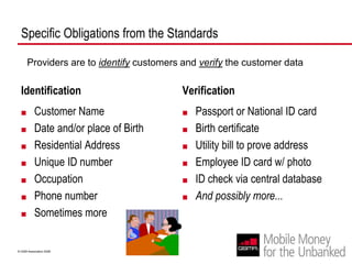 Specific Obligations from the StandardsProviders are to identify customers and verify the customer dataIdentificationVerificationCustomer NameDate and/or place of BirthResidential AddressUnique ID numberOccupationPhone numberSometimes morePassport or National ID cardBirth certificate Utility bill to prove addressEmployee ID card w/ photoID check via central databaseAnd possibly more...