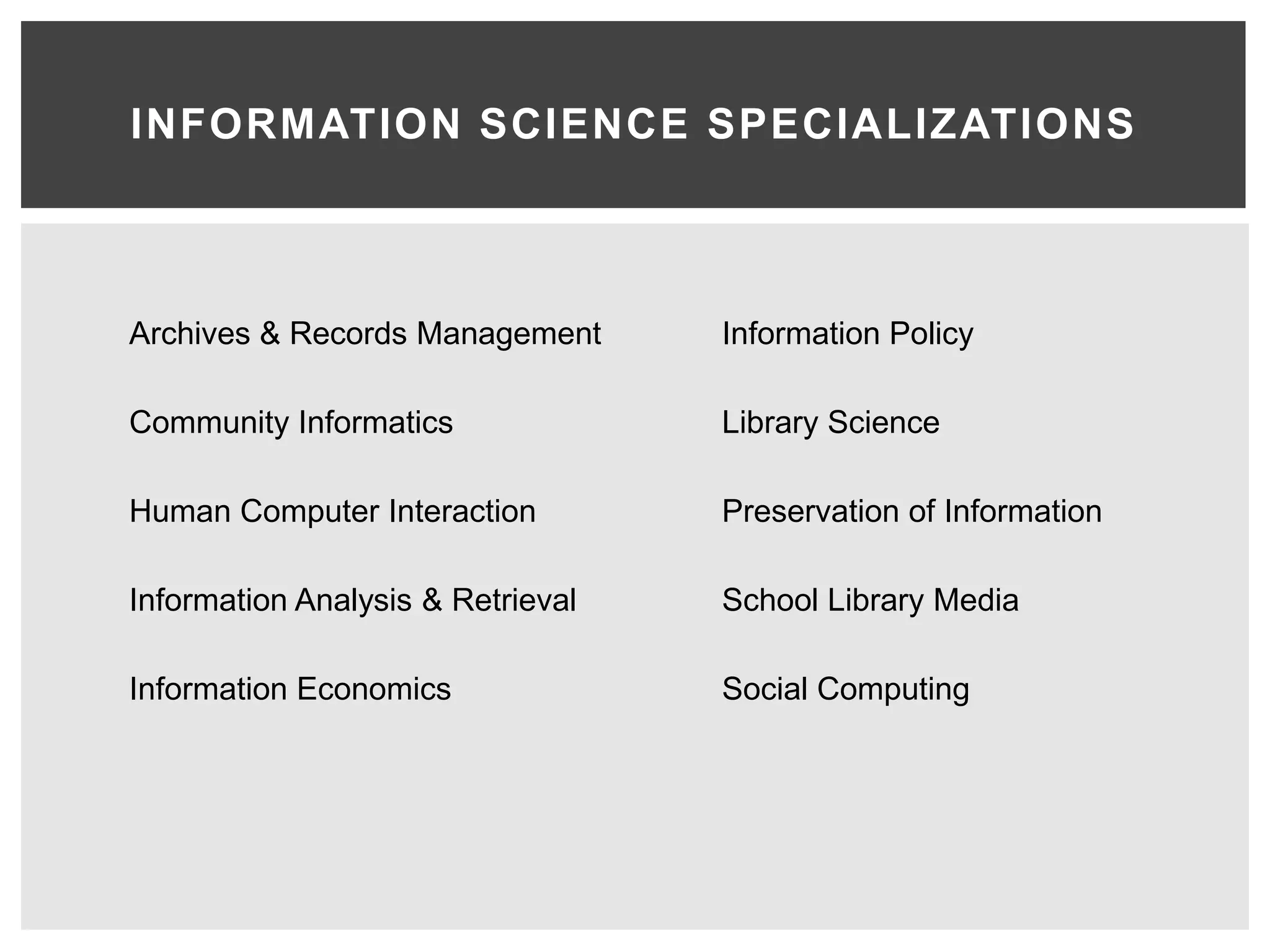 INFORMATION SCIENCE SPECIALIZATIONS



Archives & Records Management      Information Policy

Community Informatics              Library Science

Human Computer Interaction         Preservation of Information

Information Analysis & Retrieval   School Library Media

Information Economics              Social Computing
 