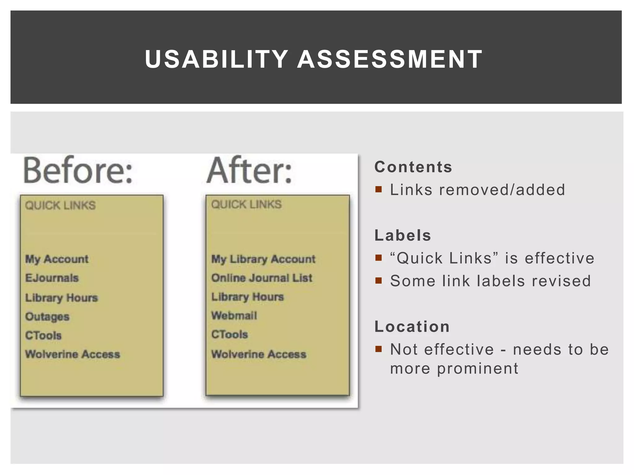 USABILITY ASSESSMENT



             Contents
              Links removed/added

             Labels
              “Quick Links” is effective
              Some link labels revised

             Location
              Not effective - needs to be
               more prominent
 