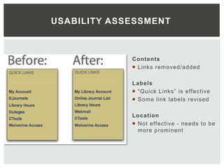 USABILITY ASSESSMENT



             Contents
              Links removed/added

             Labels
              “Quick Links” is effective
              Some link labels revised

             Location
              Not effective - needs to be
               more prominent
 
