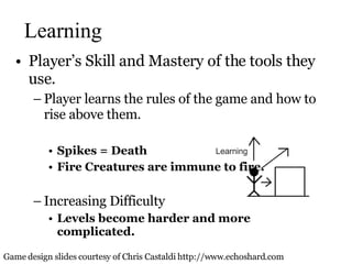 Learning Player’s Skill and Mastery of the tools they use. Player learns the rules of the game and how to rise above them. Spikes = Death Fire Creatures are immune to fire. Increasing Difficulty Levels become harder and more complicated. Game design slides courtesy of Chris Castaldi http://www.echoshard.com 