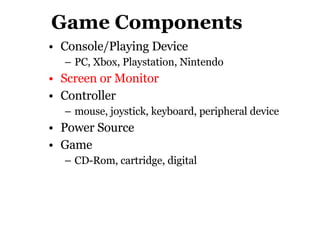 Game Components Console/Playing Device  PC, Xbox, Playstation, Nintendo Screen or Monitor Controller  mouse, joystick, keyboard, peripheral device Power Source Game  CD-Rom, cartridge, digital 