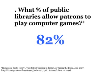 8. What % of public libraries allow patrons to play computer games?* 82% *Nicholson, Scott. (2007). The Role of Gaming in Libraries: Taking the Pulse. July 2007.  http://boardgameswithscott.com/pulse2007.pdf . Accessed June 12, 2008. 