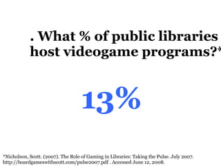 9. What % of public libraries host videogame programs?* 13% *Nicholson, Scott. (2007). The Role of Gaming in Libraries: Taking the Pulse. July 2007.  http://boardgameswithscott.com/pulse2007.pdf . Accessed June 12, 2008. 