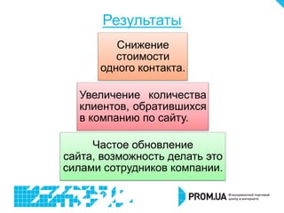Результаты
         Снижение
         стоимости
      одного контакта.

  Увеличение количества
  клиентов, обратившихся
  в компанию по сайту.

     Частое обновление
сайта, возможность делать это
силами сотрудников компании.
 