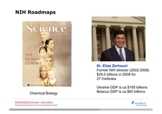 NIH Roadmaps




                       Dr. Elias Zerhouni
                       Former NIH director (2002-2008)
                       $29.5 billions in 2008 for
                       27 Institutes

                       Ukraine GDP is ca $180 billions
    Chemical Biology   Belarus GDP is ca $60 billions
 