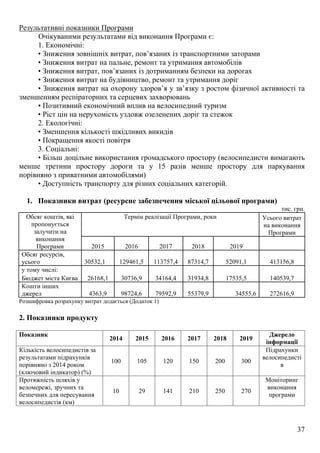37
Результативні показники Програми
Очікуваними результатами від виконання Програми є:
1. Економічні:
• Зниження зовнішніх витрат, пов’язаних із транспортними заторами
• Зниження витрат на пальне, ремонт та утримання автомобілів
• Зниження витрат, пов’язаних із дотриманням безпеки на дорогах
• Зниження витрат на будівництво, ремонт та утримання доріг
• Зниження витрат на охорону здоров’я у зв’язку з ростом фізичної активності та
зменшенням респіраторних та серцевих захворювань
• Позитивний економічний вплив на велосипедний туризм
• Ріст цін на нерухомість уздовж озеленених доріг та стежок
2. Екологічні:
• Зменшення кількості шкідливих викидів
• Покращення якості повітря
3. Соціальні:
• Більш доцільне використання громадського простору (велосипедисти вимагають
менше третини простору дороги та у 15 разів менше простору для паркування
порівняно з приватними автомобілями)
• Доступність транспорту для різних соціальних категорій.
1. Показники витрат (ресурсне забезпечення міської цільової програми)
тис. грн.
Усього витратТермін реалізації Програми, роки
на виконання
Програми
Обсяг коштів, які
пропонується
залучити на
виконання
Програми 2015 2016 2017 2018 2019
Обсяг ресурсів,
усього 30532,1 129461,5 113757,4 87314,7 52091,1 413156,8
у тому числі:
Бюджет міста Києва 26168,1 30736,9 34164,4 31934,8 17535,5 140539,7
Кошти інших
джерел 4363,9 98724,6 79592,9 55379,9 34555,6 272616,9
Розшифровка розрахунку витрат додається (Додаток 1)
2. Показники продукту
Показник
2014 2015 2016 2017 2018 2019
Джерело
інформації
Кількість велосипедистів за
результатами підрахунків
порівняно з 2014 роком
(ключовий індикатор) (%)
100 105 120 150 200 300
Підрахунки
велосипедисті
в
Протяжність шляхів у
веломережі, зручних та
безпечних для пересування
велосипедистів (км)
10 29 141 210 250 270
Моніторинг
виконання
програми
 